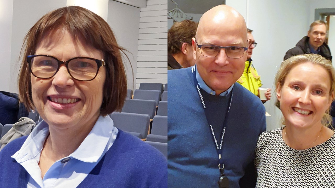 collage, left portrait of woman with glasses and dark half-length hair, blue sweater and light shirt, posing, standing in an auditorium, some empty seats behind. On the right, two people close together, a man in a blue sweater and a woman with long fair hair, other people in the background talking together. Meeting room.