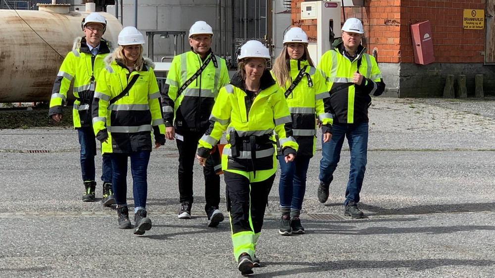 seks personer i gule jakker og hvite hjelmer går mot fotografen, industriområde