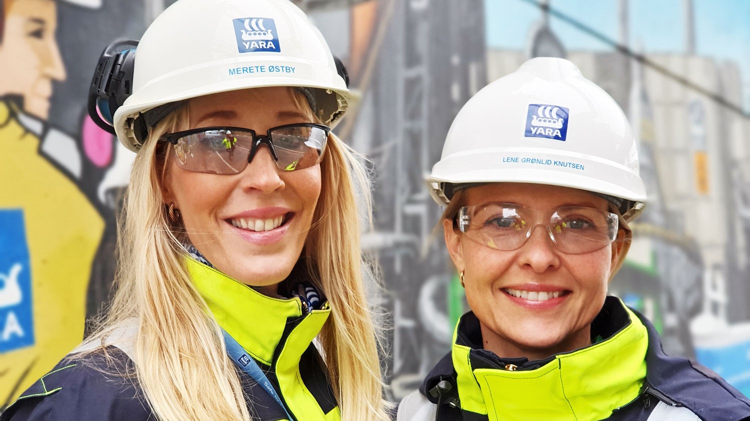 two young women, posing, portrait, white helmets, industry